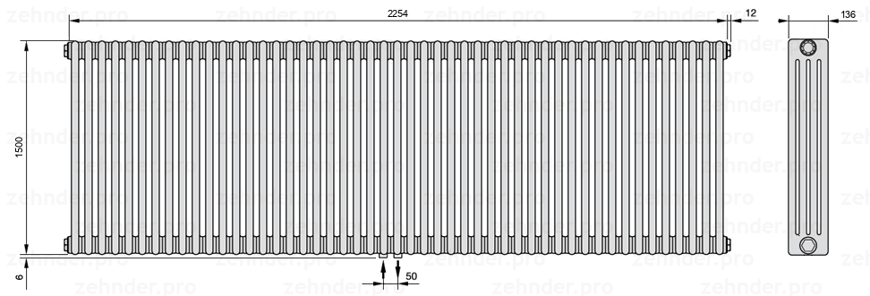 Схема (чертеж) Радиатор Zehnder Charleston 4150/49 №3470 Белый глянцевый RAL 9016